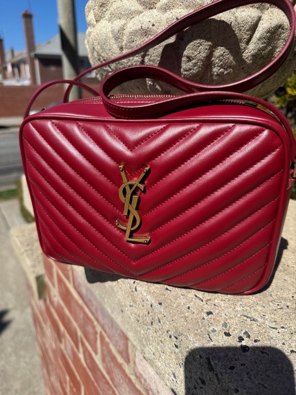 New! Saint Laurent Quilted Red Leather Crossbody Camera Bag with Gold YSL Logo